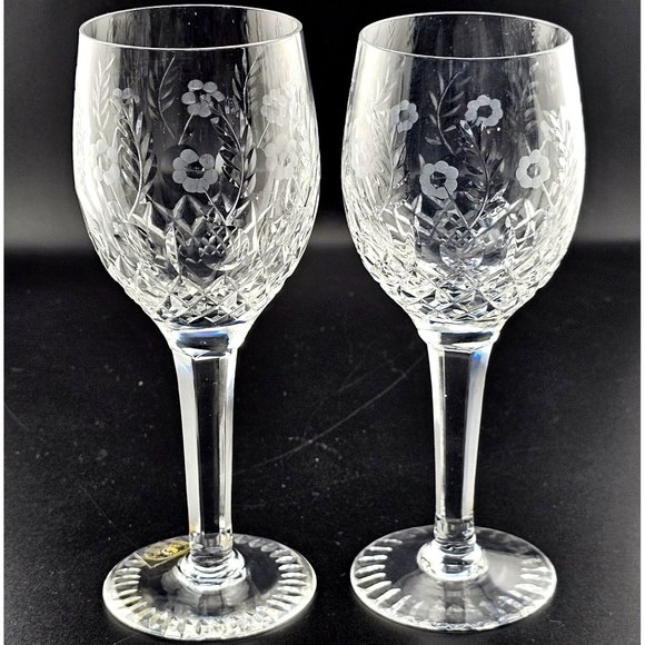 2) Fine Etched Floral Cut Crystal Wine Cocktail Glasses 6 3/4" Yugoslavia 6oz - Picture 10 of 12